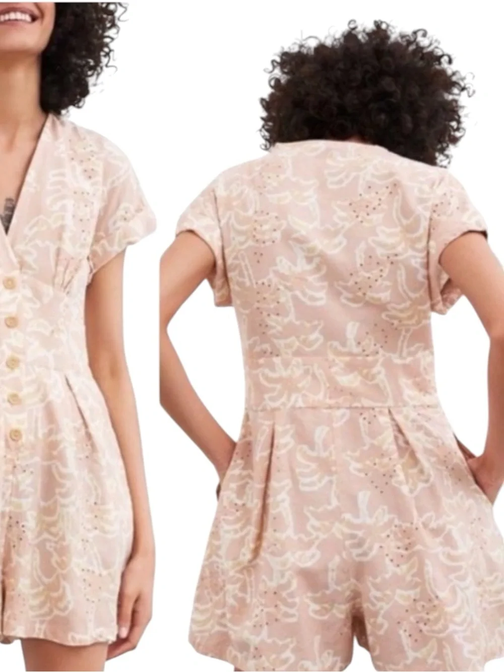 Zara Linen Blend Embroidered Eyelet Palm Tree Print Romper Button Front V-Neck M